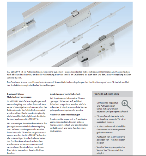 GU Secury X Reparatur Mehrfachverriegelung Renovierungs Schloss  2 Schließbolzen Ausschußbolzen rund   3 teilig Entfernung 92 mm  und 72 mm (nur Dorn 55 mm und 65 mm )