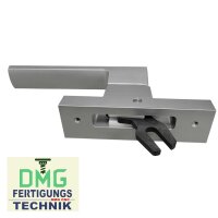 FENSTERGRIFF silber, Länge Zunge 32 mm,Rosetten Länge 117 mm,Lochabstand 85 mm DIN Links NACHBAU VR5/545